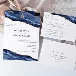 Bar Mitzvah Editable Invitation SET Reply Card Blue Gold Agate Back Options-Text, Photo, Postcard Reply, Instant Downoad, Corjl Template-137