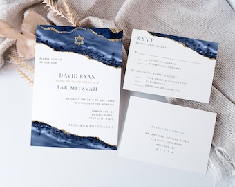 Bar Mitzvah Editable Invitation SET Reply Card Blue Gold Agate Back Options-Text, Photo, Postcard Reply, Instant Downoad, Corjl Template-137