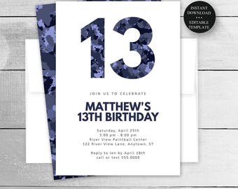 Blue Camo Editable Birthday Invitation, ANY AGE Blue Camouflage Teen Boy, Print or Text, Instant Download Corjl Editable Template, #080b