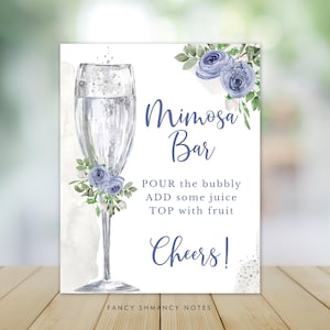 Mimosa Bar Sign, Blue Watercolor Floral and Champagne Glass, Blue and Silver, Instant Download, Printable Digital File #156