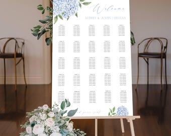 Tafelbordje met blauwe hortensia: meerdere maten | Zelfbewerken tabel toevoegen/verwijderen | Roze bloemdessin | Digitale download, bewerkbare sjabloon 428