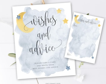 Blue Over the Moon Baby Shower Wishes and Advice Blank Cards and Sign, Blue Moon and Stars Theme, Instant Download, Printable File #721