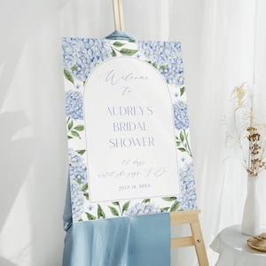 Tabliczka powitalna na wieczór panieński, łuk z niebieską hortensją, szablon Corjl do edycji 428