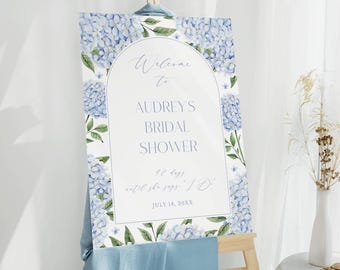 Letrero de bienvenida para despedida de soltera, arco de hortensias azules, plantilla editable de Corjl 428