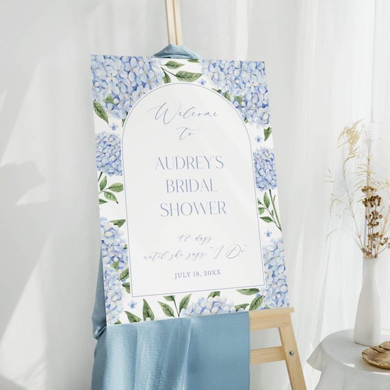 Bridal Shower Welcome Sign, Blue Hydrangea Arch, Corjl Editable Template 428