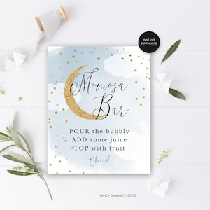 Momosa Bar, Baby Shower Mimosa Sign, Over the Moon, Blue, Glitter Moon and Twinkle Stars, ] Instant Digital Download, Printable File #703