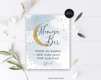Momosa Bar, Baby Shower Mimosa Sign, Over the Moon, Blue, Glitter Moon and Twinkle Stars, ] Instant Digital Download, Printable File #703