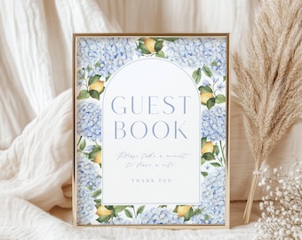 Blue Hydrangea and Lemon Arch Guest Book Sign, Instant Digital Download Printable File 433
