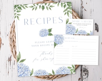 May include: A blue and green floral design recipe card set with the text "RECIPES", "SHARE A RECIPE", "PLEASE BRING YOUR FAVORITE RECIPE TO SHARE", "PLEASE LEAVE YOUR RECIPE HERE", "Thanks for sharing", "RECIPE FOR", "FROM THE KITCHEN OF", and "Ingredients" and "How to".