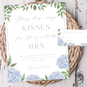 Juego de adivinar cuántos besos hay en la despedida de soltera con hortensias azules, letreros y notas, flores azules, descarga instantánea de actividad de despedida de soltera, archivos imprimibles, 428
