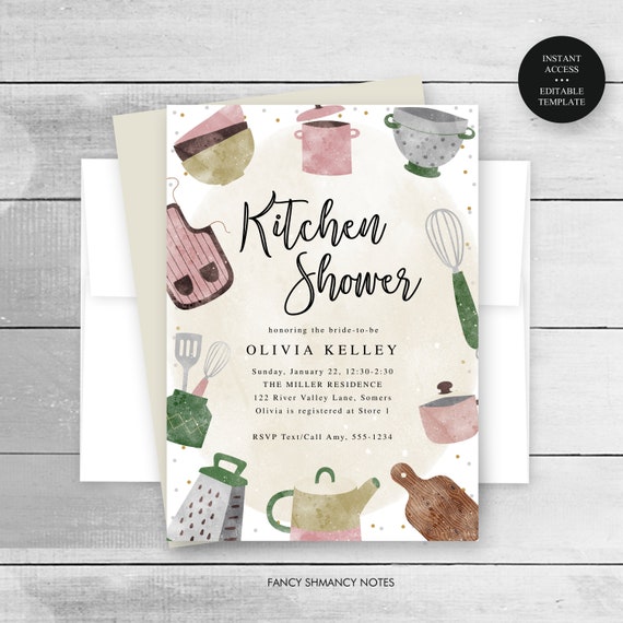 Kitchen Bridal Shower Invitation Template, Watercolor Kitchen Items, Editable Text, Printable