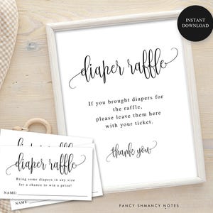Baby Shower Diaper Raffle Ticket and Display Sign, Script Calligraphy, Black and White, Instant Download Printable Digital File, #916