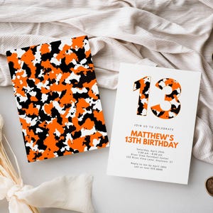 13th Birthday Invitation Template, Orange Camo | Teen Boy | Edit Yourself-ANY AGE | 5x7" Card | Digital Download, Editable Template, #080