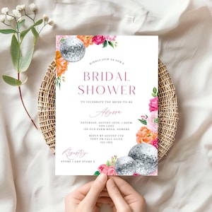Pink Peony Disco Bridal Shower Invitation | Disco Balls with Pink and Orange Bright Flowers |  Digital Download, Editable Template 119