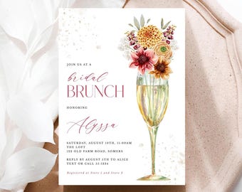 Invitación para brunch de despedida de soltera con champán y flores, dalia otoñal y zinnia en copa dorada, plantilla editable 202