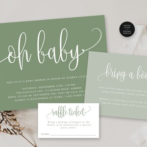 Oh babyshowerset, saliegroen minimalistisch script uitnodigingsboek verzoek-luierloterij, bewerkbare tekst en kleuren, instant CORJL-download #916