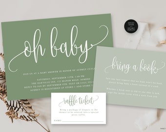 Oh Baby Shower Set, Sage Green Minimalist Script Invitation-Book Request-Diaper Raffle, Editable Text & Colors, Instant CORJL Download #916