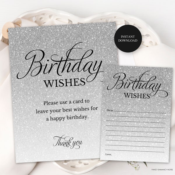 Silver Glitter Printable Birthday Wish Card and Display Sign, Advice Cards, Instant Download, Printable Digital File 2127