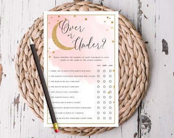 Over Under Baby Shower Printable Game, Pink Watercolor Over the Moon Theme, DIY Shower Games Print Yourself, Instant Download #703