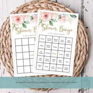 Juego de bingo para despedida de soltera, juego de despedida de soltera con rosas de acuarela rosa, 50 tarjetas únicas precargadas, tarjetas en blanco, tarjetas de presentación, descarga instantánea 418