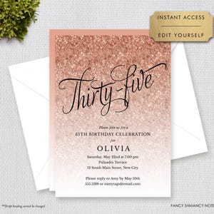 Rose Gold Glitter 35th Editable Birthday Invitation, Fancy Script Thirty Five, Sparkle, Print or Text, Instant Download, Corjl Template 1435