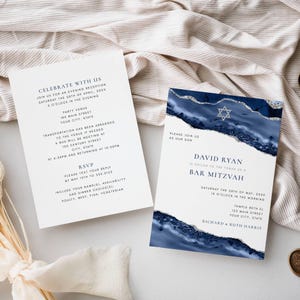 Bar Mitzvah All in One Editable Invitation | Blue Silver Agate Star of David Design | Double Sided 5x7 Invite | Editable Template 151 image 1