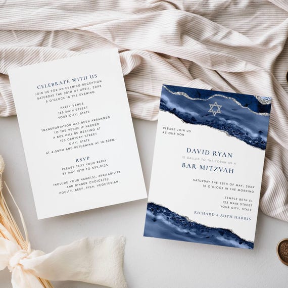 Bar Mitzvah All in One Editable Invitation | Blue Silver Agate Star of David Design | Double Sided 5x7 Invite | Editable Template 151