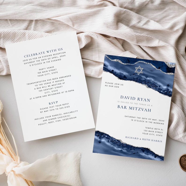 Bar Mitzvah All in One Editable Invitation | Blue Silver Agate Star of David Design | Double Sided 5x7 Invite | Editable Template 151 image 1
