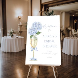 Bridal Shower Welcome Sign, Blue Hydrangea Floral, Champagne Theme, Corjl Editable Template 428