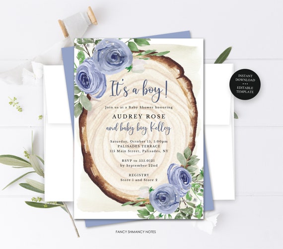 Boy Baby Shower, Blue Flowers on Rustic Wood Slice, Editable Text, Print or Text Digital Invitation, Instant Download 170 Il_570xn