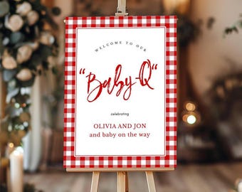 Editable Baby Shower Welcome Signs, Gingham Check Baby Q, Self-Edit Text and Colors, 3 sizes, Instant Download, Corjl Templates, #6200