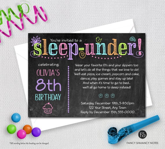 Sleep Under Invitation, Half Sleepover, Neon Colors, Sleepover Neon Chalkboard Invitation, Printable Digital File, 5504 Il_570xn