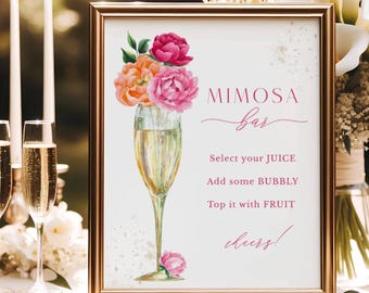 Pink Peony Mimosa Bar Sign | Gold Champagne Glass, Bright Pink & Orange Flower | Size: 8x10" | Instant Digital Download, Printable File 119