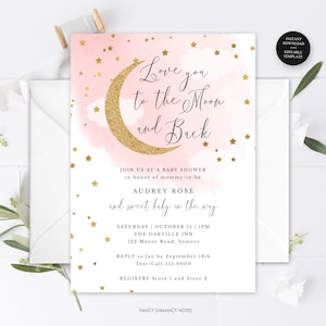 Pink Moon and Stars Baby Shower Editable Invitation, Love you to the Moon and Back, Print or Text, Instant Download, CORJL Template -703