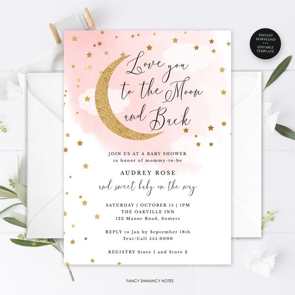 Pink Moon and Stars Baby Shower Editable Invitation, Love you to the Moon and Back, Print or Text, Instant Download, CORJL Template -703