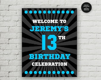 Editable Teen Boy Birthday Party Welcome Sign, Sporty Letters, Any Colors, 3 sizes,Self-Edit, Instant Download, Corjl Template #1999