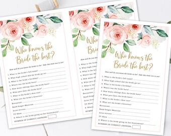 Printable Pink Gold Floral Bridal Shower Game Who Knows the Bride Best Game Printable Shower Game Digital File Instant Download 418