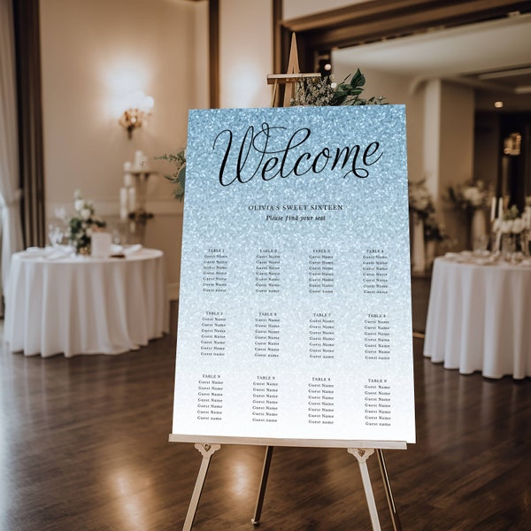 Blue Glitter Editable Seating Chart Sign, Multiple Sizes, Fancy Script, Add/Remove Tables, Edit Text, Instant Download, Corjl Template 1434