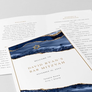 Blue and Gold Agate Bar Mitzvah Program Template, Folded Page Design, Corjl Editable Template  137