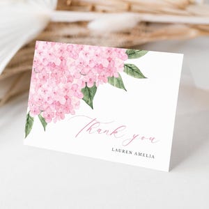 Modèle de carte de vœux pliée modifiable fleurs d'hortensias roses, taille A2, carte de remerciement douche nuptiale, modèle modifiable CORJL 427