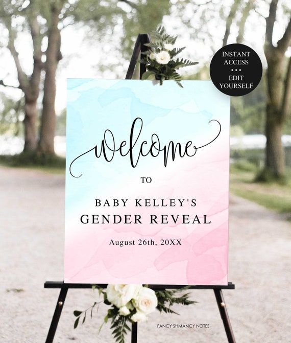 Baby Gender Reveal Welcome Sign Editable Template, Pink and Blue Watercolor, 3 Sizes, Instant Access Digital Download, #1233 Il_570xn