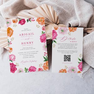 Ensemble de modèles de faire-part de mariage moderne rose | Invitation et carte détaillée avec code QR RSVP | Floral lumineux | Modèle modifiable 119