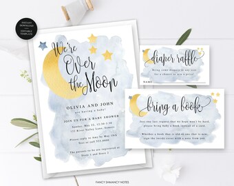 Blue Over the Moon Baby Shower Invitation Set w/Book Request and Diaper Raffle | Edit Text Online | Digital Download, Editable Template 721