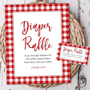 Baby Shower Diaper Raffle Sign and Tickets, Red Check Gingham Baby Q, Instant Digital Download, Printable File #6200