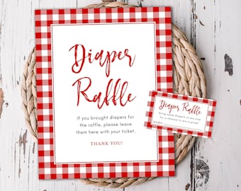 Baby Shower Diaper Raffle Sign and Tickets, Red Check Gingham Baby Q, Instant Digital Download, Printable File #6200