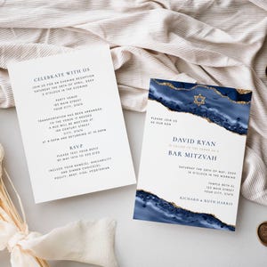 Bar Mitzvah Invitation: Blue Gold Agate Style, Double Sided, Corjl Editable Template 137
