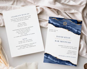 Bar Mitzvah Invitation: Blue Gold Agate Style, Double Sided, Corjl Editable Template 137