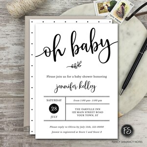 Simple Baby Shower Editable Invitation, Rustic Script, Black and White Simple Invite, Print or Text, Instant Download, CORJL Template  #123