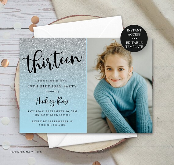 Silver Glitter Fade Light Blue-Any Color Birthday Photo Invitation ...