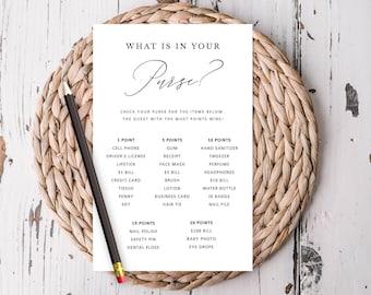 What's in Your Purse Shower Party Group Game, Black and White Minimalist Elegant Script, Printable Digital File Instant Download 177
